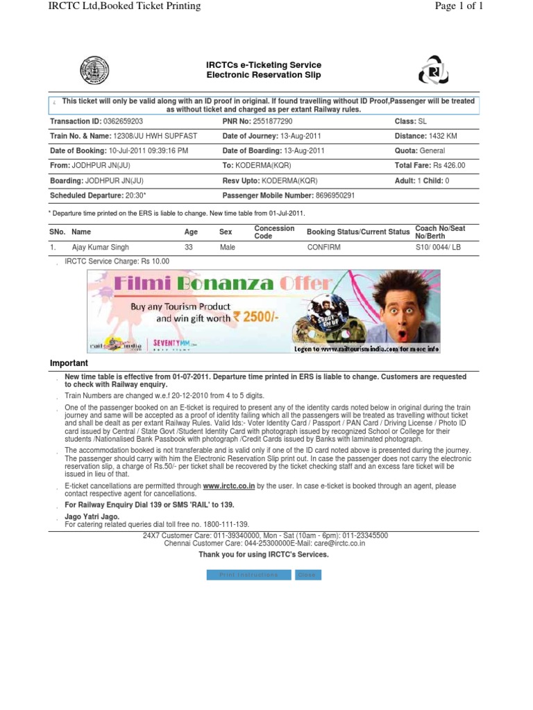IRCTC e-Ticket Confirmation Slip | PDF | Identity Document | Ticket ...