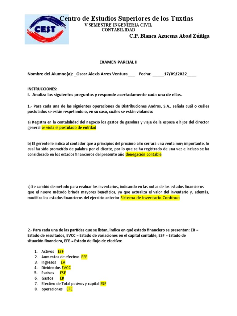 Examen Parcial II Contabilidad V Semestre | PDF | Contabilidad | Estado ...