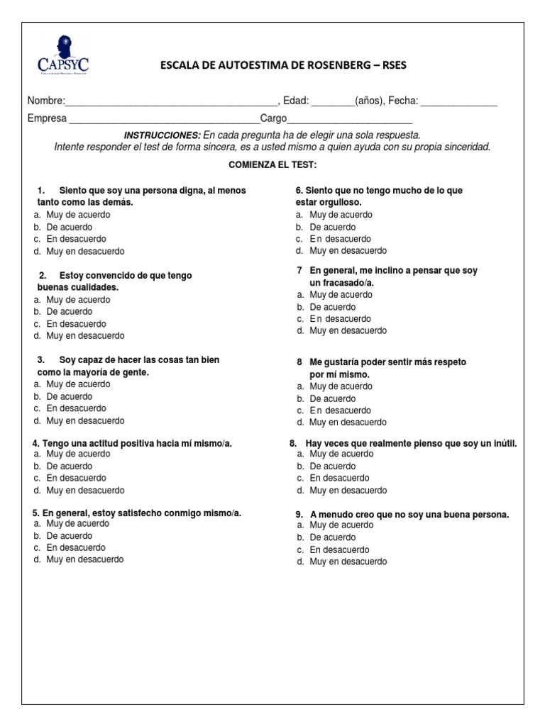 Test de Autoestima de Rosenberg RSES | PDF
