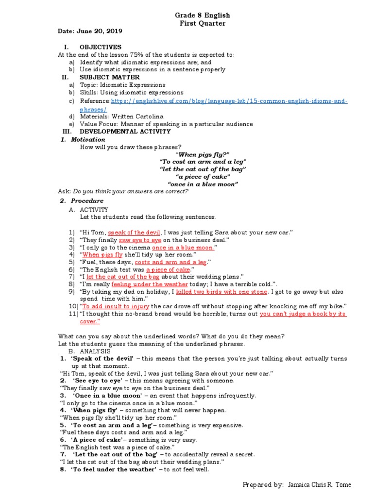 Lesson Plan on Idiomatic Expressions | PDF | Idiom | Speed Reading