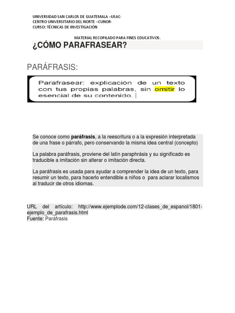Parafraseando en Técnicas Investigación | PDF | Plagio | Autor