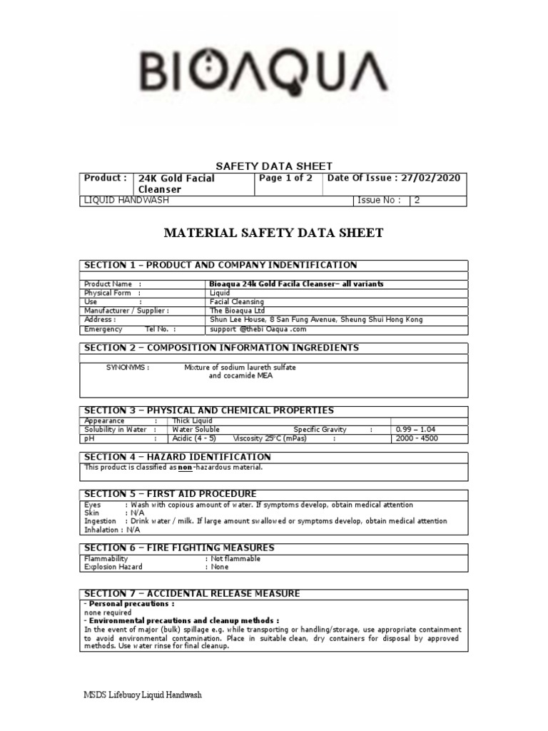 MSDS Facialwash Bioaqua Download Free PDF Water Materials
