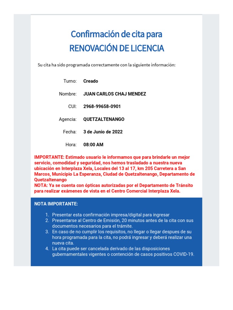Confirmación de Cita para Chan | PDF