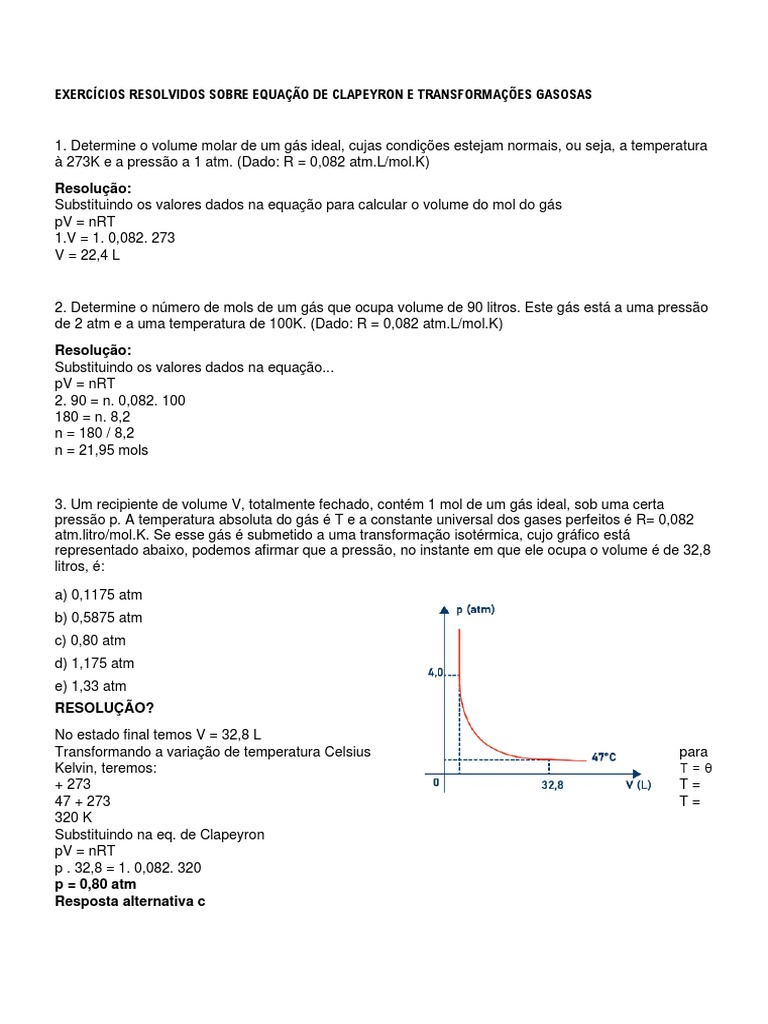 Exercícios Resolvidos Equação de Clapeyron e Transformações Gasosas ...