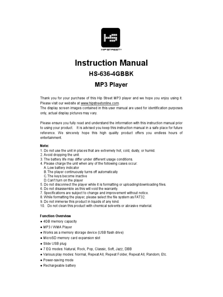 Hip Street HS-636 MP3 Player Manual | PDF | Computer File | Usb Flash Drive