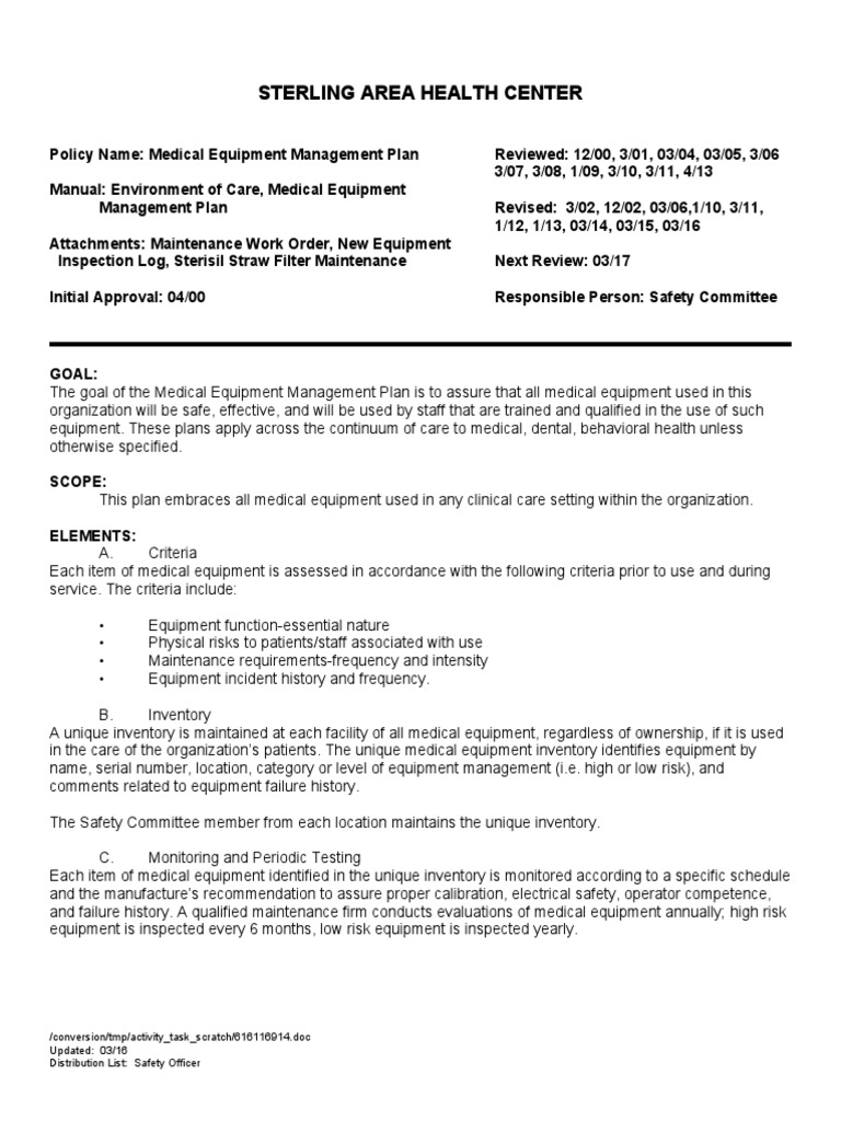 Medical Equipment Management Plan | PDF | Medical Device | Risk