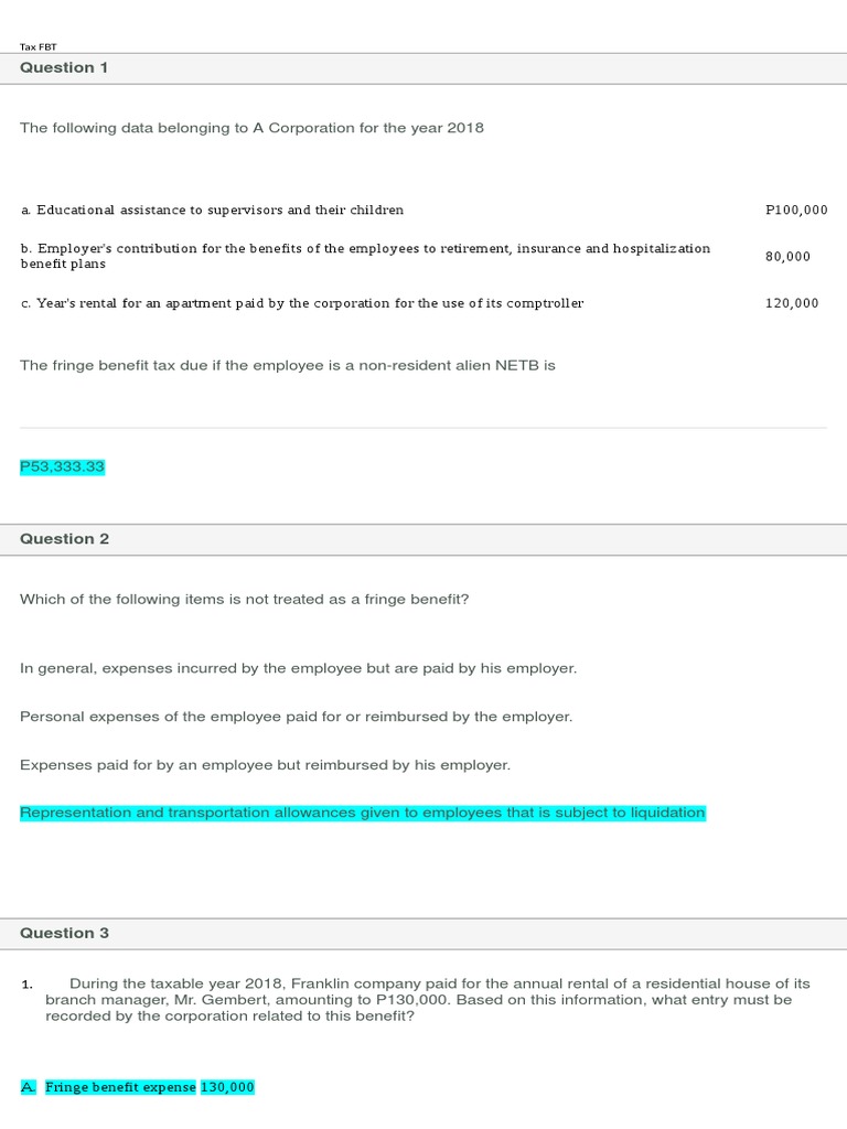 Tax1 Quiz 3 Fringe Benefit Tax PDF Employee Benefits Taxes
