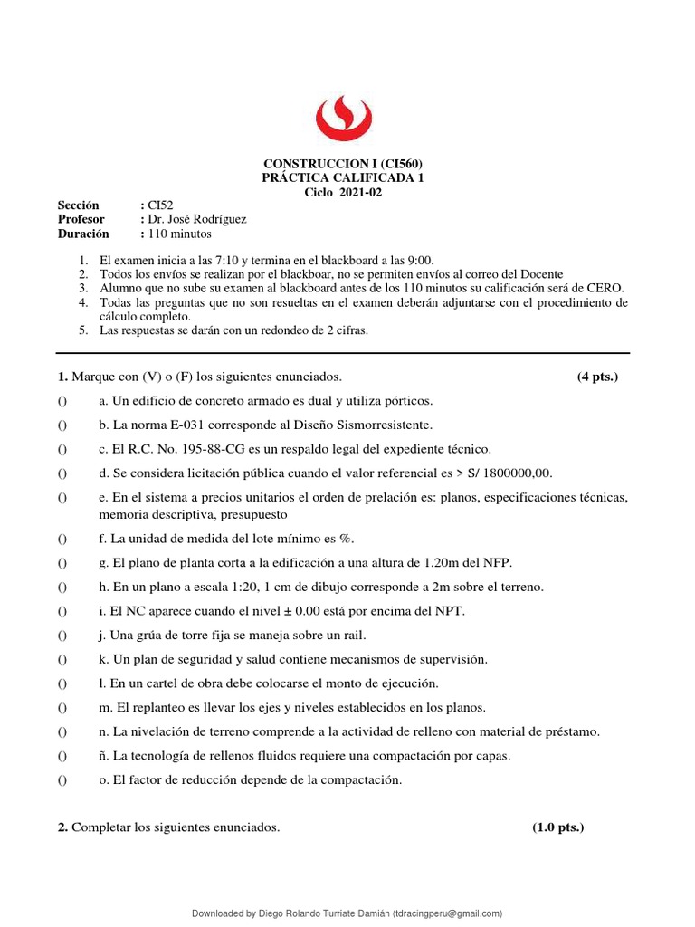 Práctica Calificada Construcción I | PDF