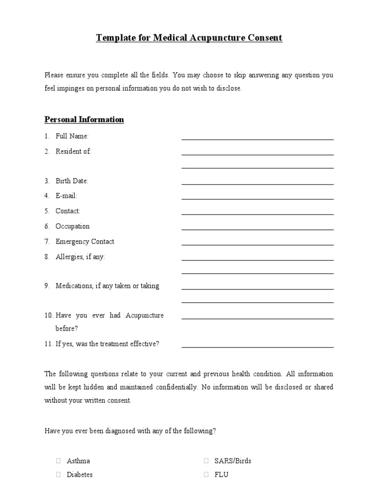 Template For Medical Acupuncture Consent PDF Acupuncture Pain