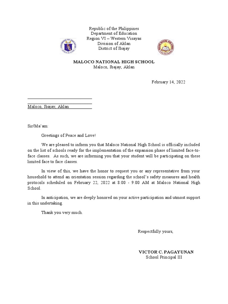 Letter for parent orientation session pdf government