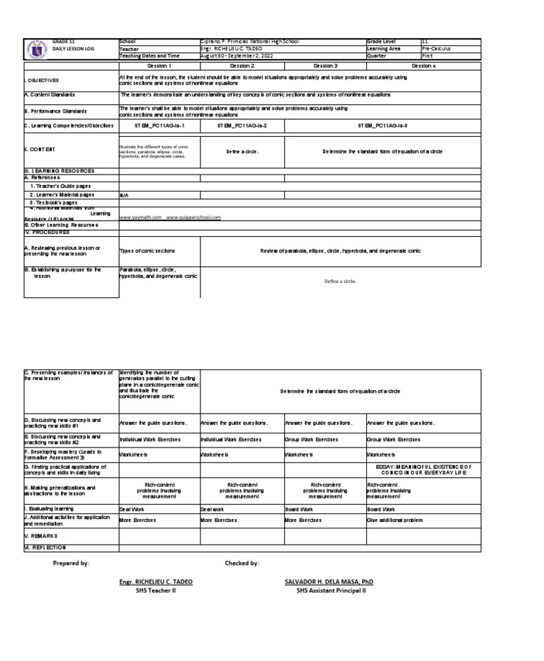 Grade 11 Pre-Calculus Lesson Plan | PDF | Ellipse | Learning