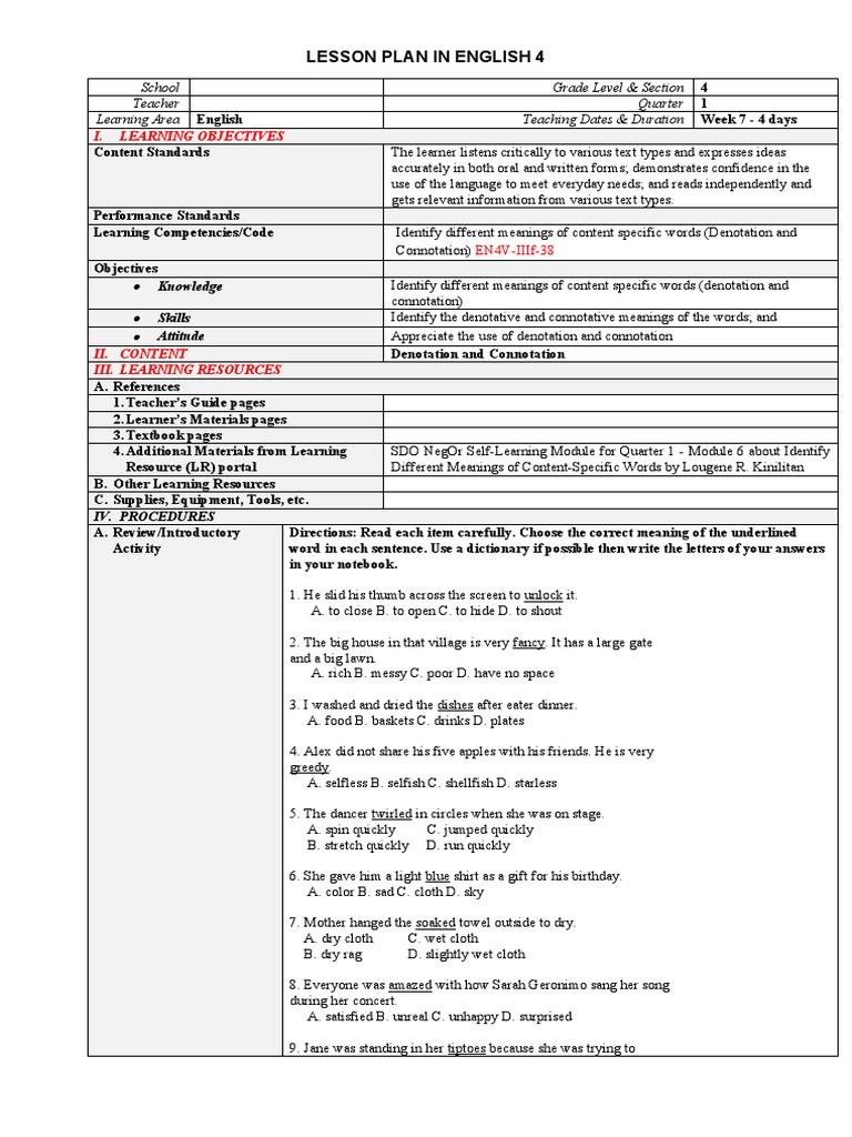 Denotation and Connotation Lesson Plan | PDF | Odor | Learning