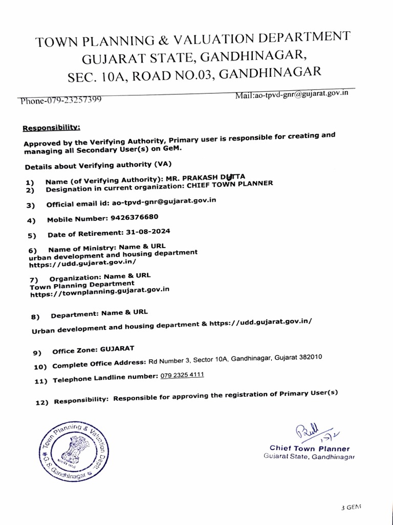 Details of the Verifying Authority for the Town Planning Department of