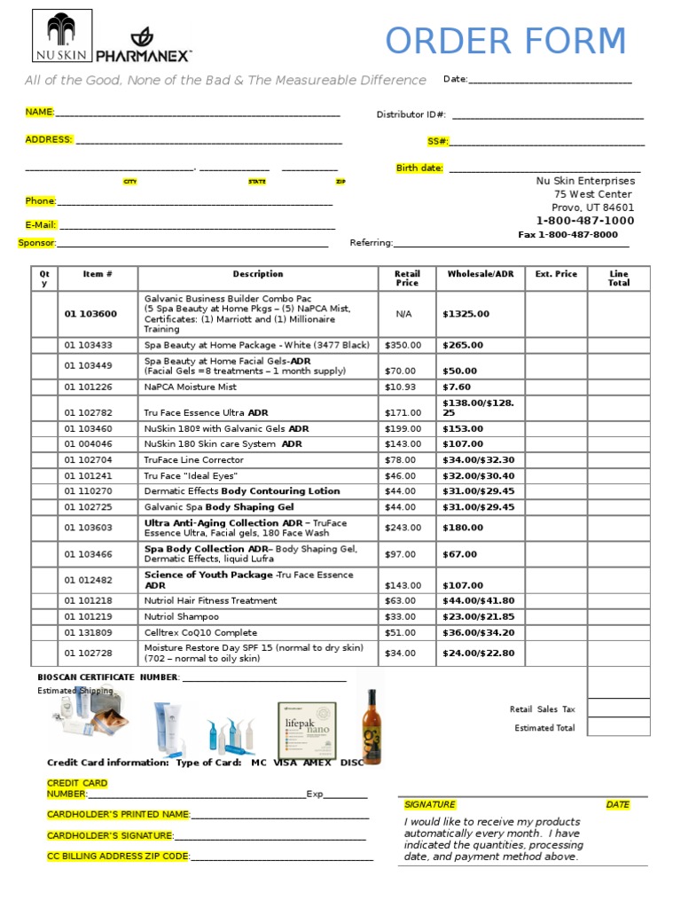 Nu Skin Order Form and Pricing Details | PDF | Credit Card | Market ...