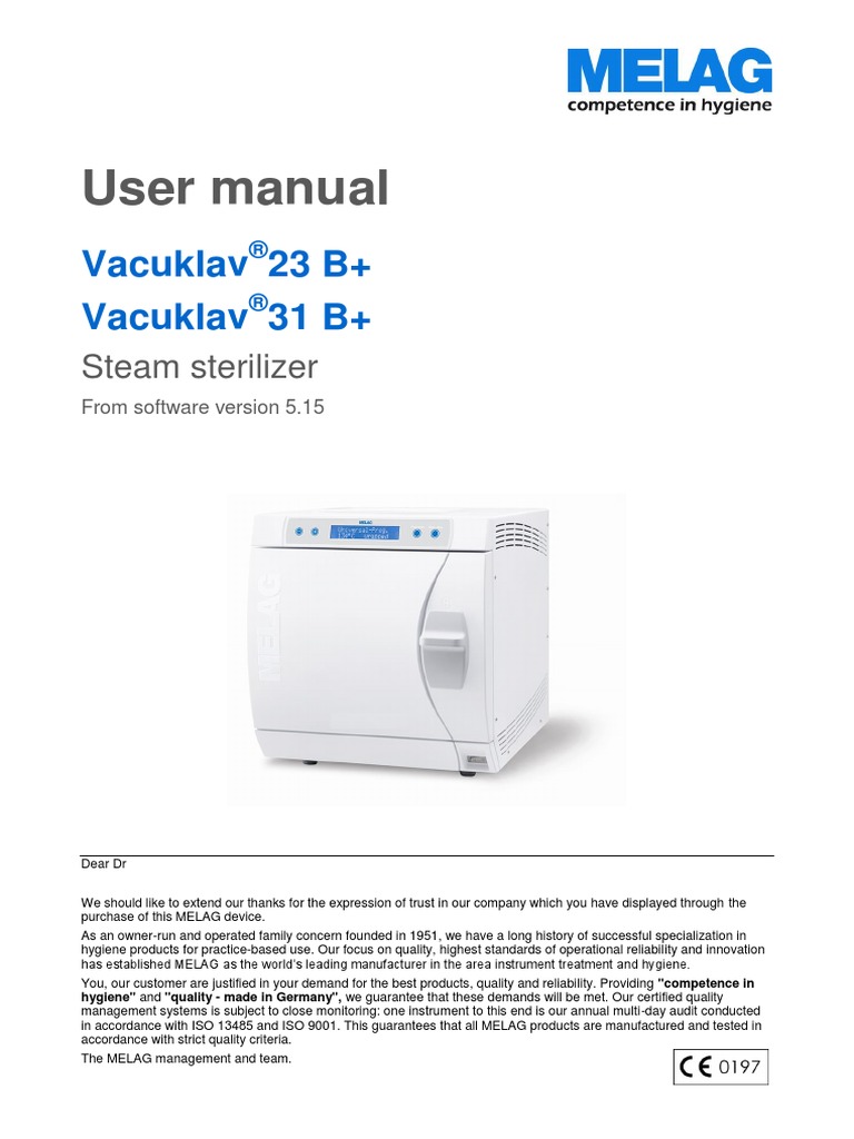 Melag Vacuklav 23B+, 31B+ Autoclave User manual PDF Sterilization