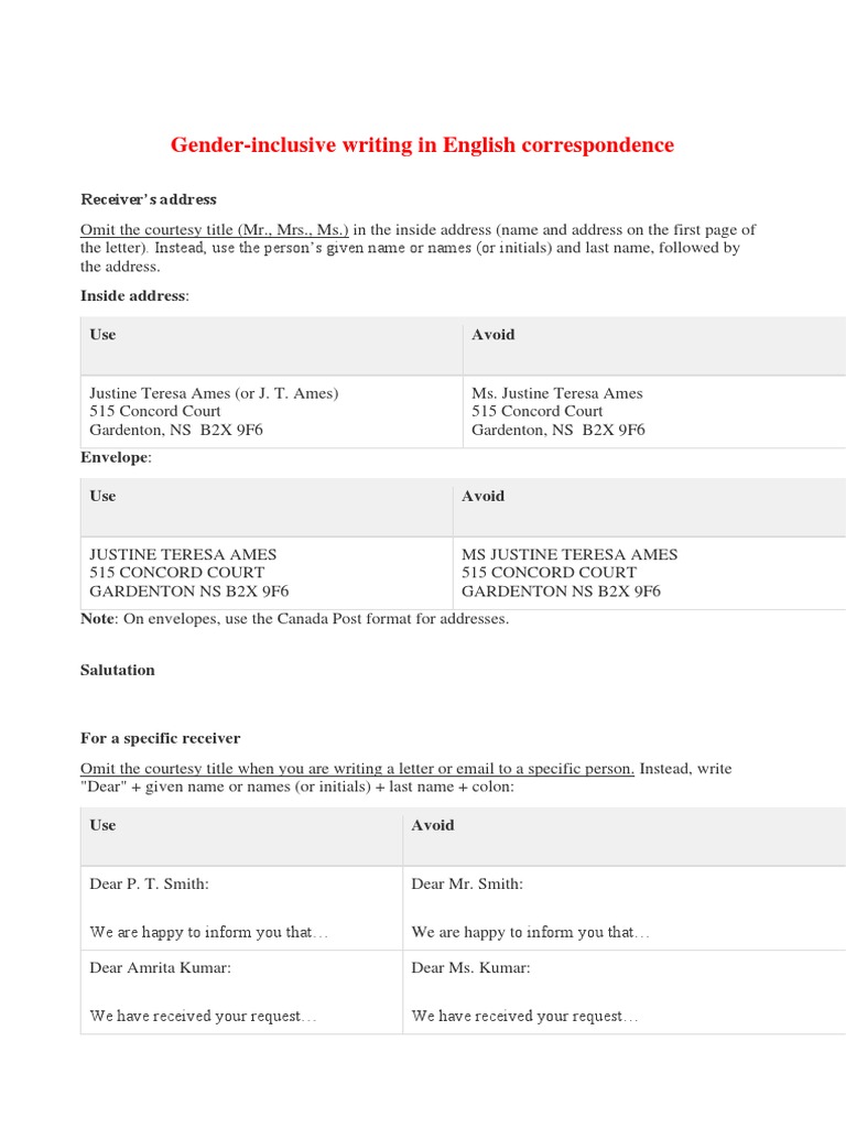 Gender-Inclusive Letter Writing Guide | PDF | Grammatical Gender ...