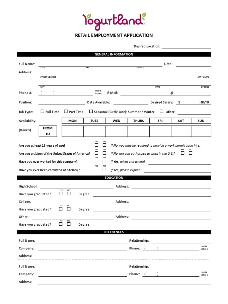 Yogurt Land Employment Application Retail PDF Military Discharge