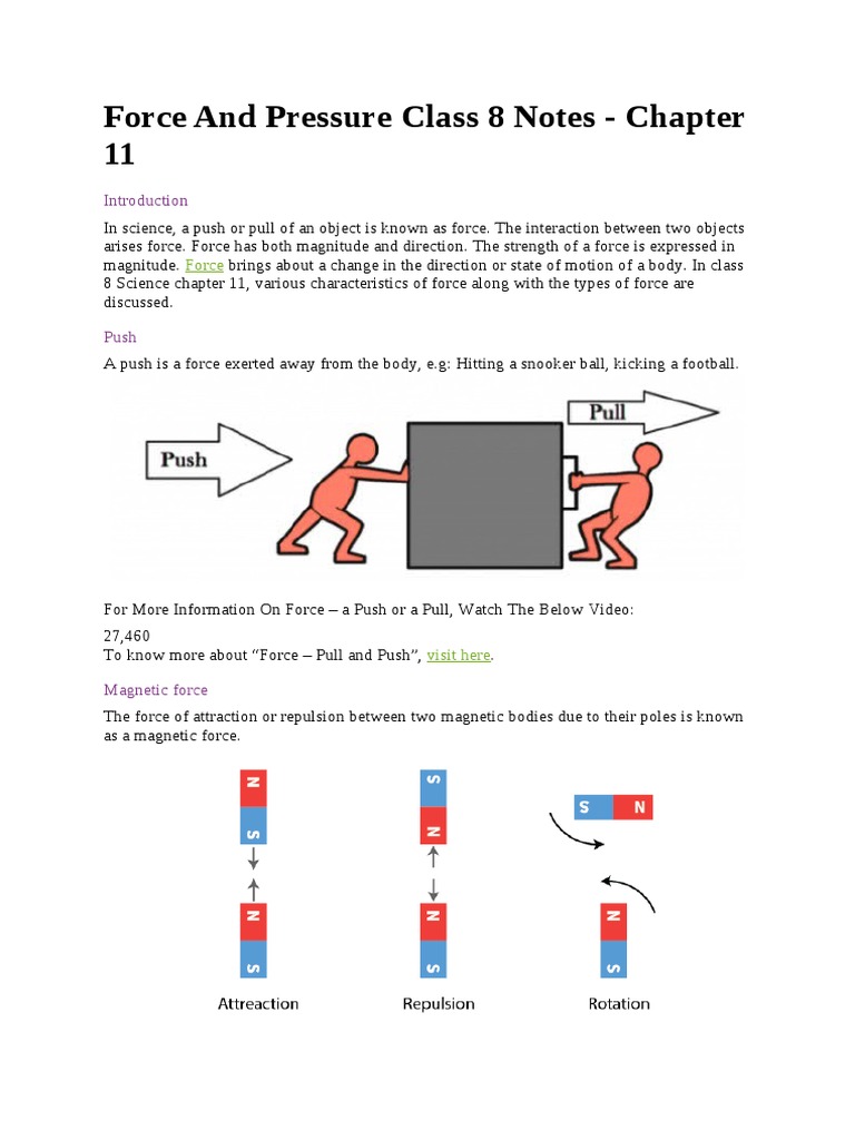 Force and Pressure Class 8 Notes Chapter 11 Download Free PDF
