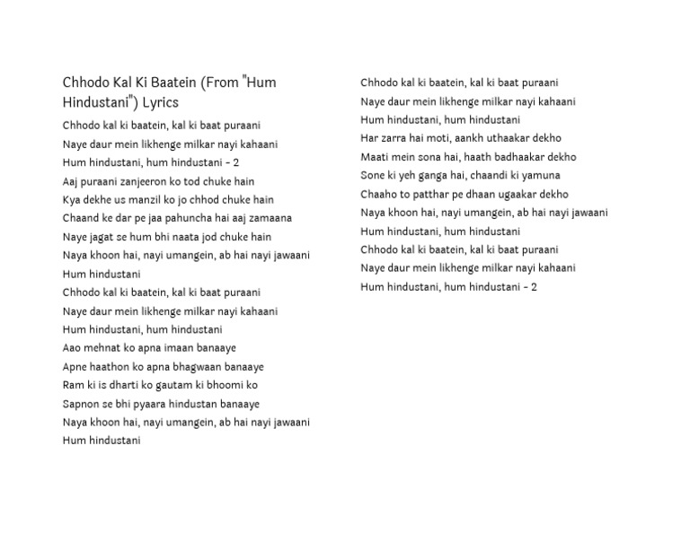 Chhodo Kal Ki Baatein Lyrics | PDF