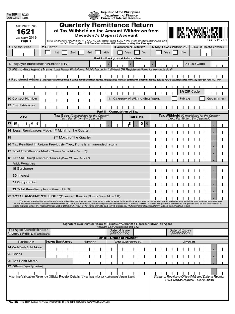 BIR Form 1621: Tax Remittance Guide | PDF | Taxes | Services (Economics)