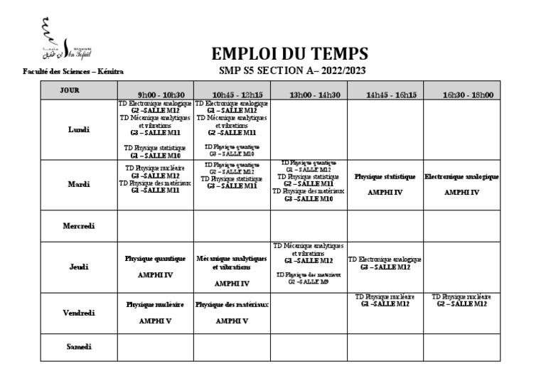 Emploi du Temps - Faculté des Sciences Kénitra | PDF | Physique ...