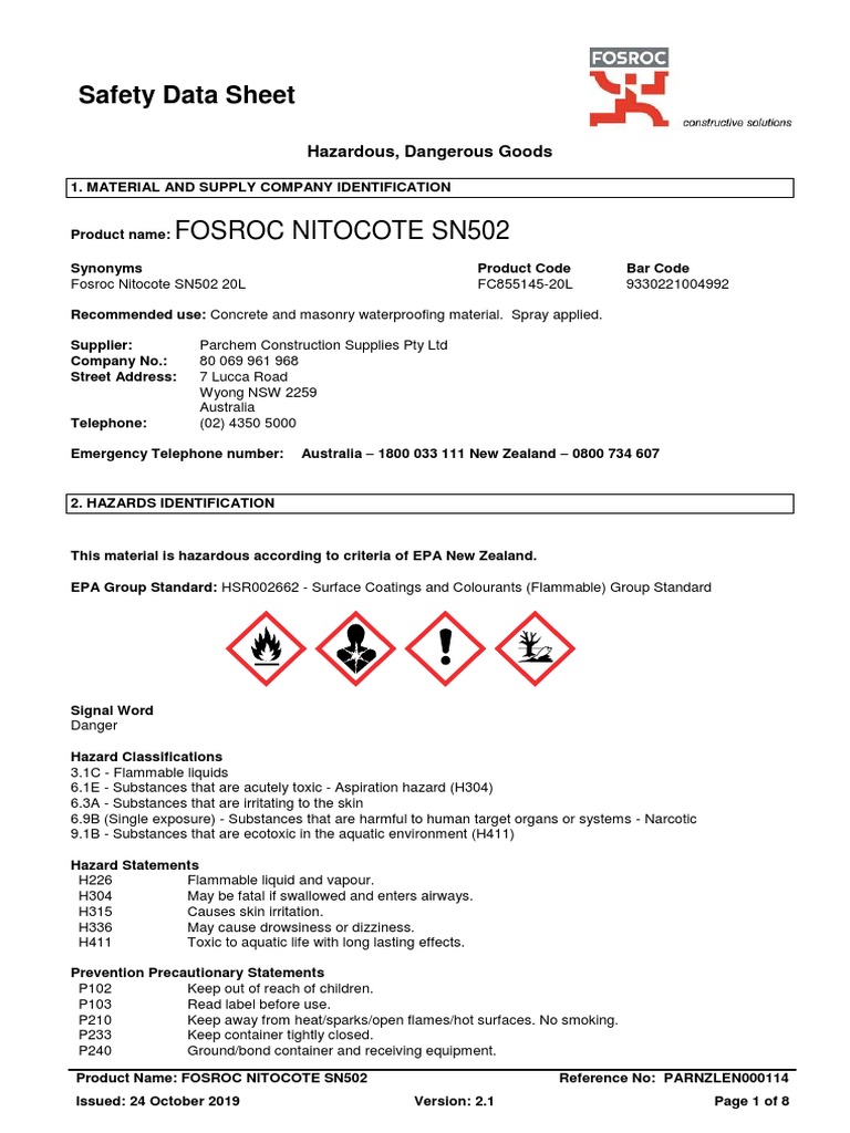 Safety Data Sheet for Fosroc Nitocote SN502 A Highly Flammable and
