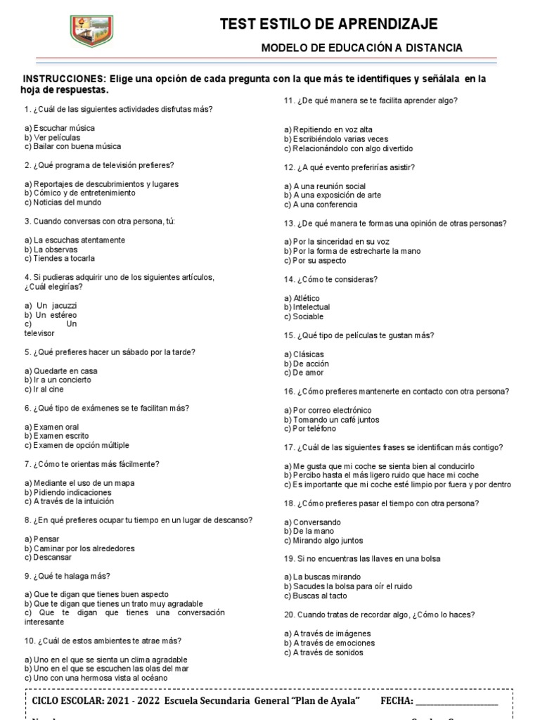 Test de Estilos de Aprendizaje Secundaria | PDF