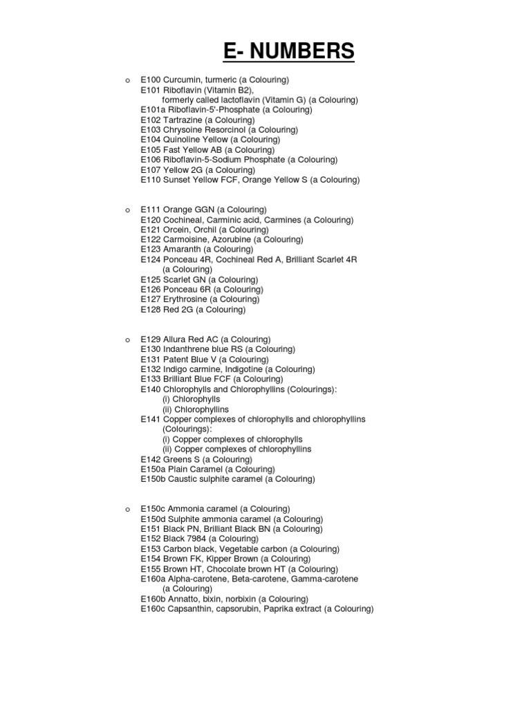 E - Numbers | PDF | Chemistry | Chemical Substances