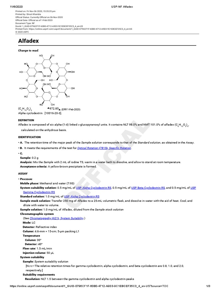 USP-NF Alfadex | PDF | Water | Sodium