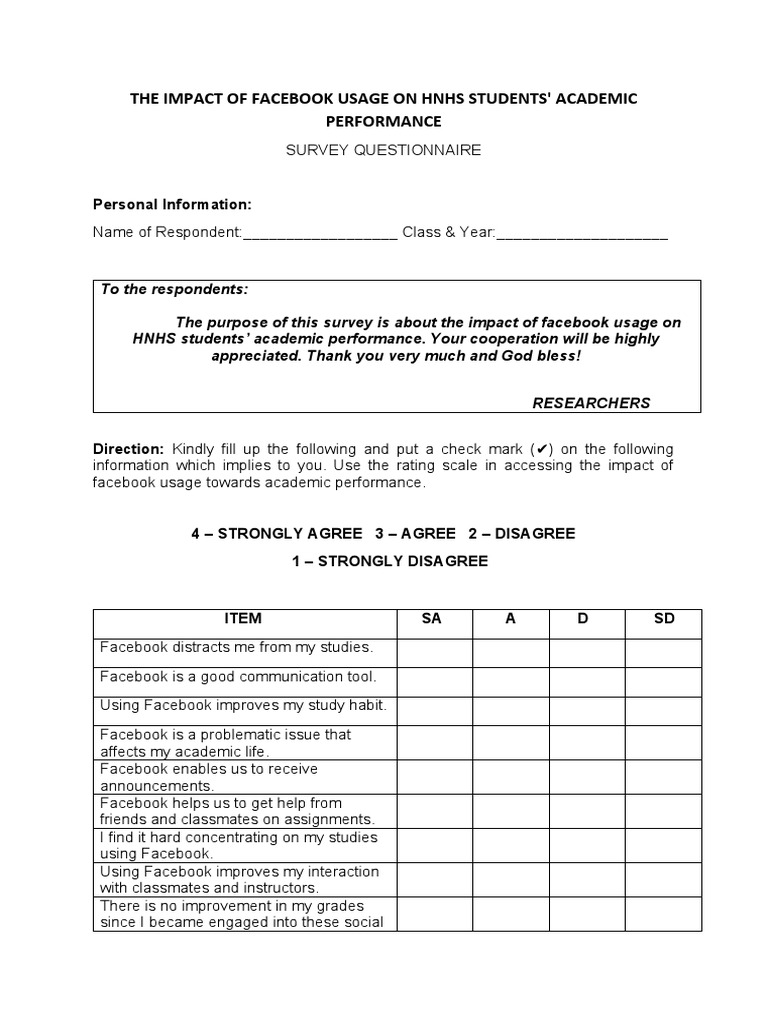 Survey Questionnaire RESEARCH PDF Facebook Questionnaire