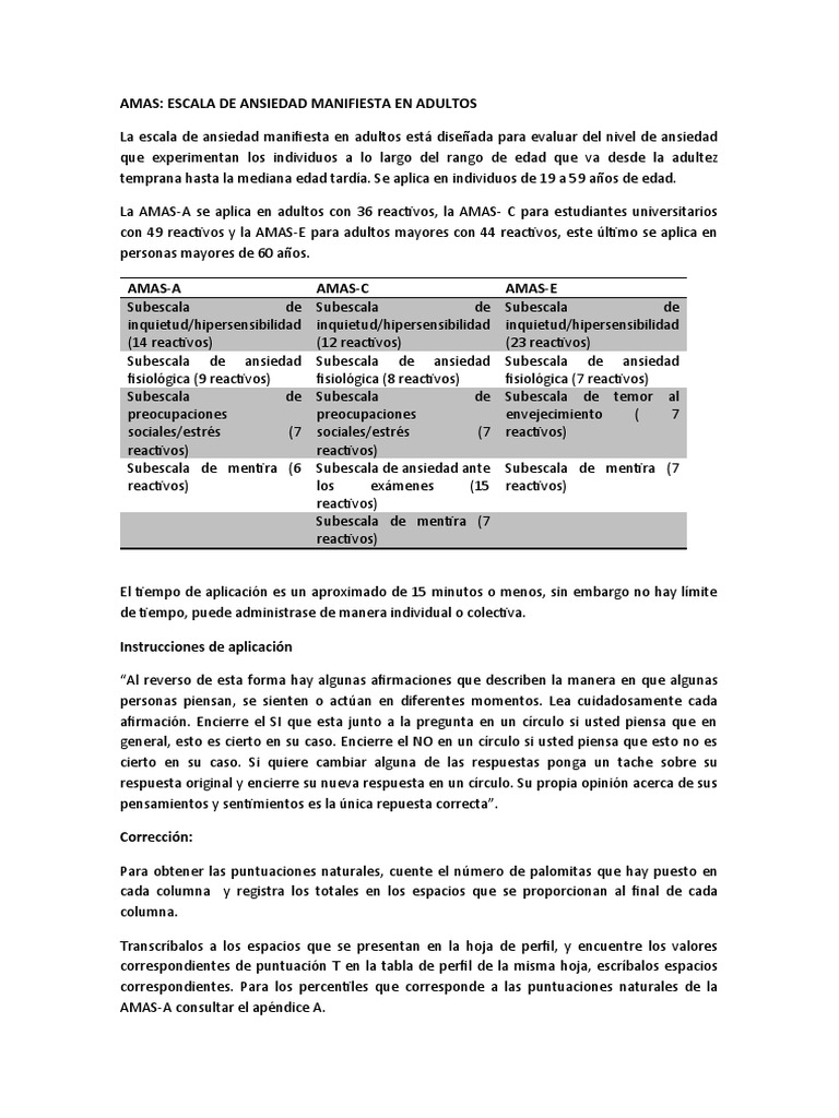 Escala AMAS de Ansiedad en Adultos | PDF | Ansiedad | Estrés (biología)