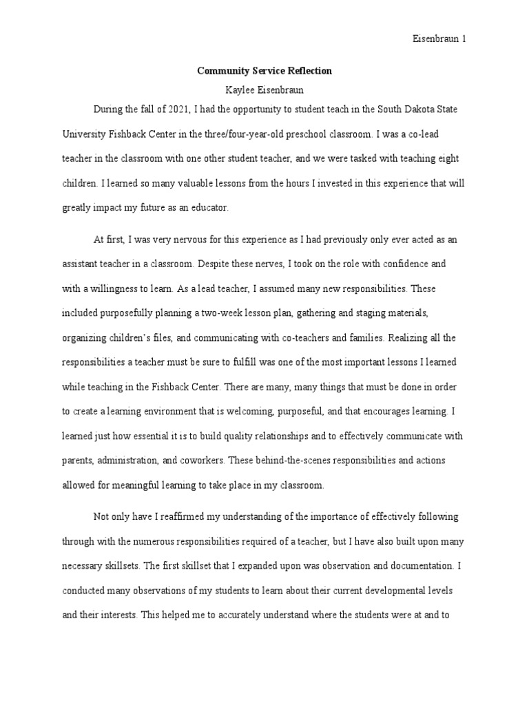 Community Service Reflection Pdf Teachers Learning