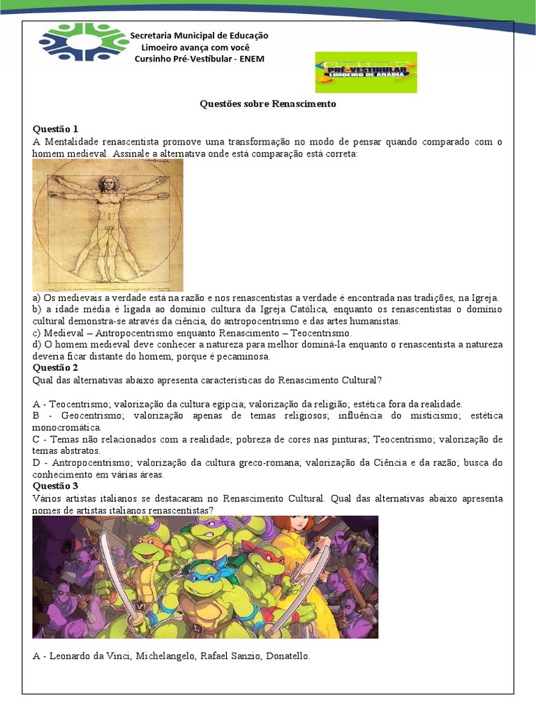 Questões sobre o Renascimento Cultural | PDF | Renascimento | Science