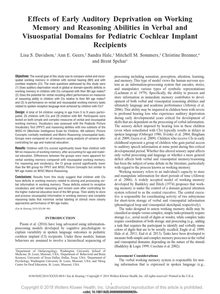 Davidson Et Al. 2018 Effects Auditory Deprivation On WM and Reasoning ...
