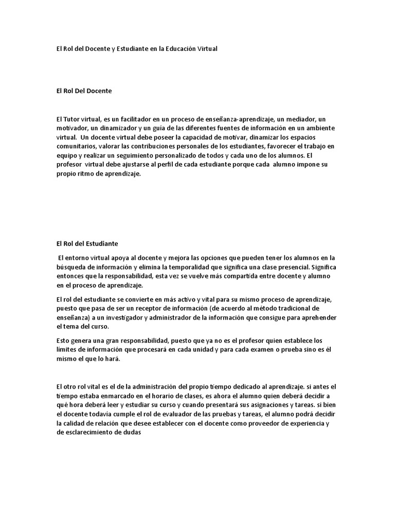 El Rol Del Docente y Estudiante en La Educación Virtual | PDF ...