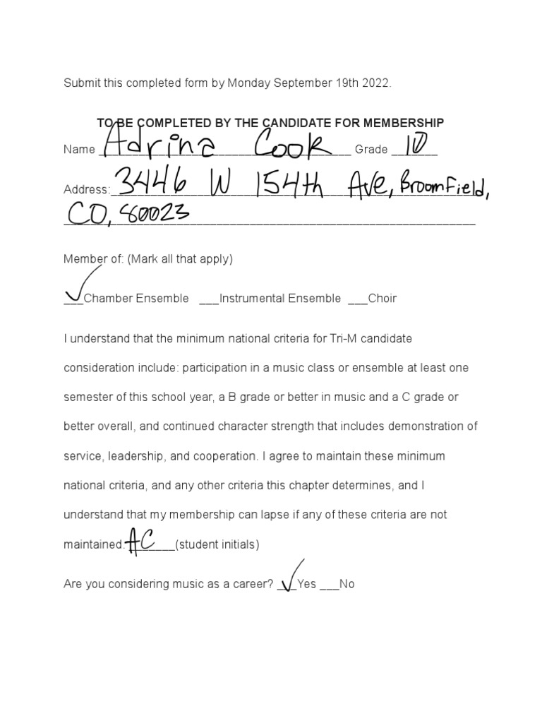 Tri-M Membership Application Form | PDF