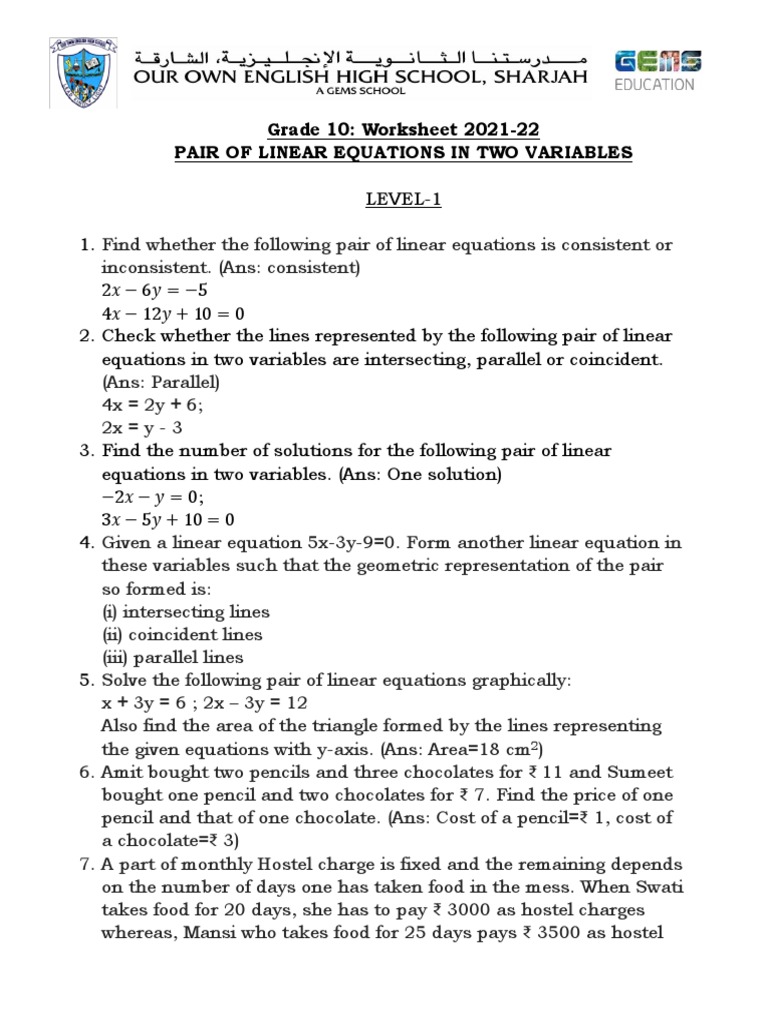 Pair of Linear Equations in Two Variables - Chapter End Worksheet | PDF ...