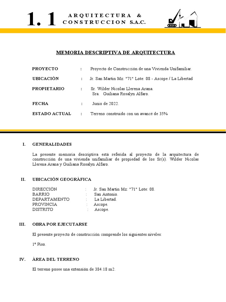 MEMORIA DESCRIPTIVA DE VIVIENDA UNIFAMILIAR Doc ARQUITECTURA | PDF ...