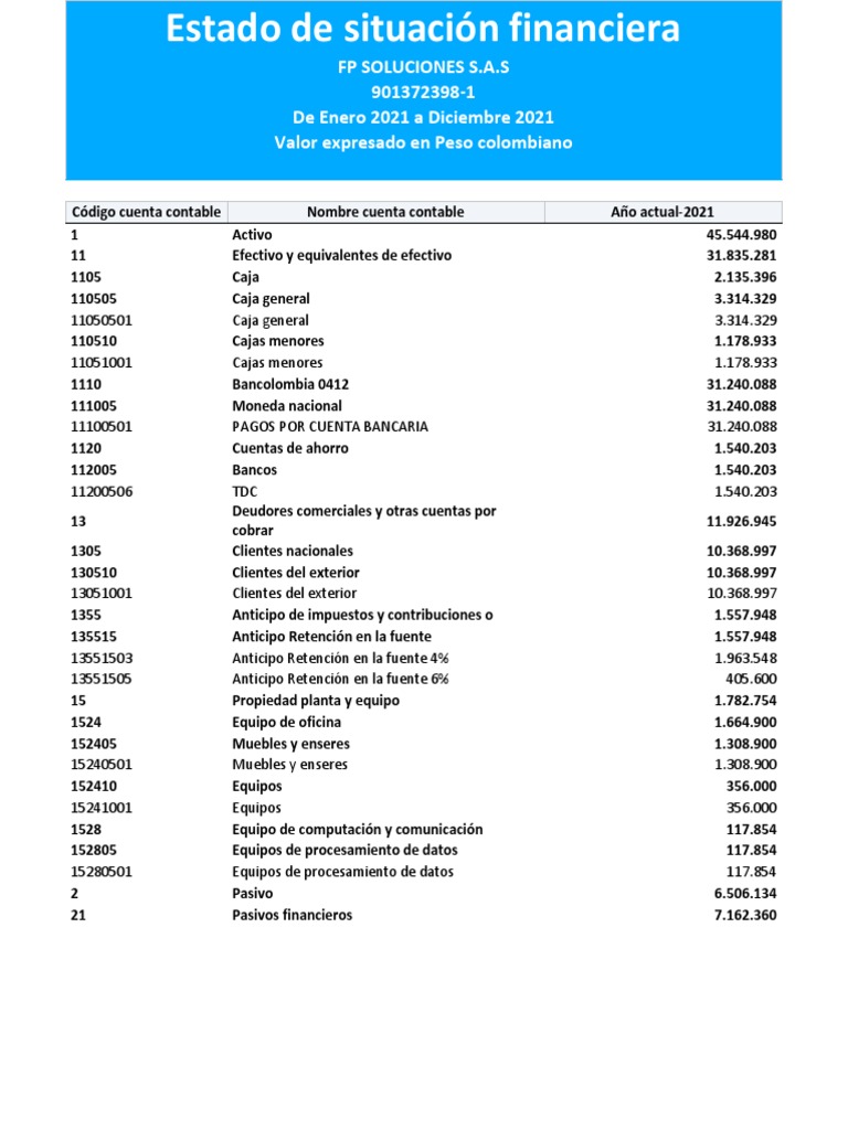 Estado de Situación Financiera 2021 | PDF | Contabilidad | Bancos