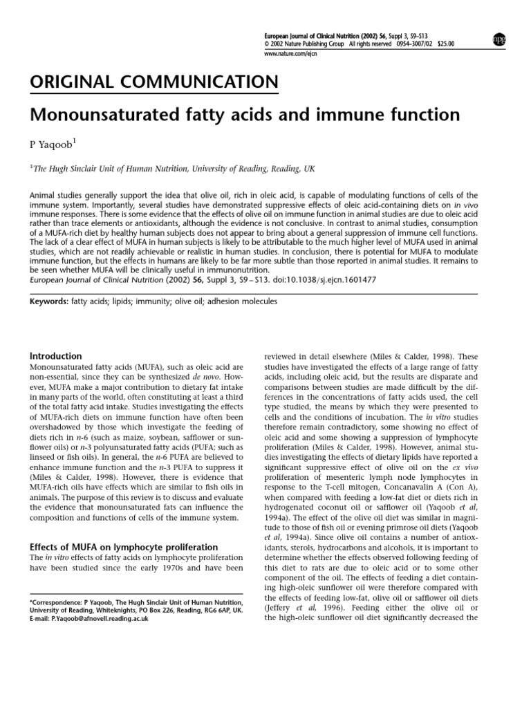Monounsaturated Fatty Acids and Immune Function PDF Fat Inflammation