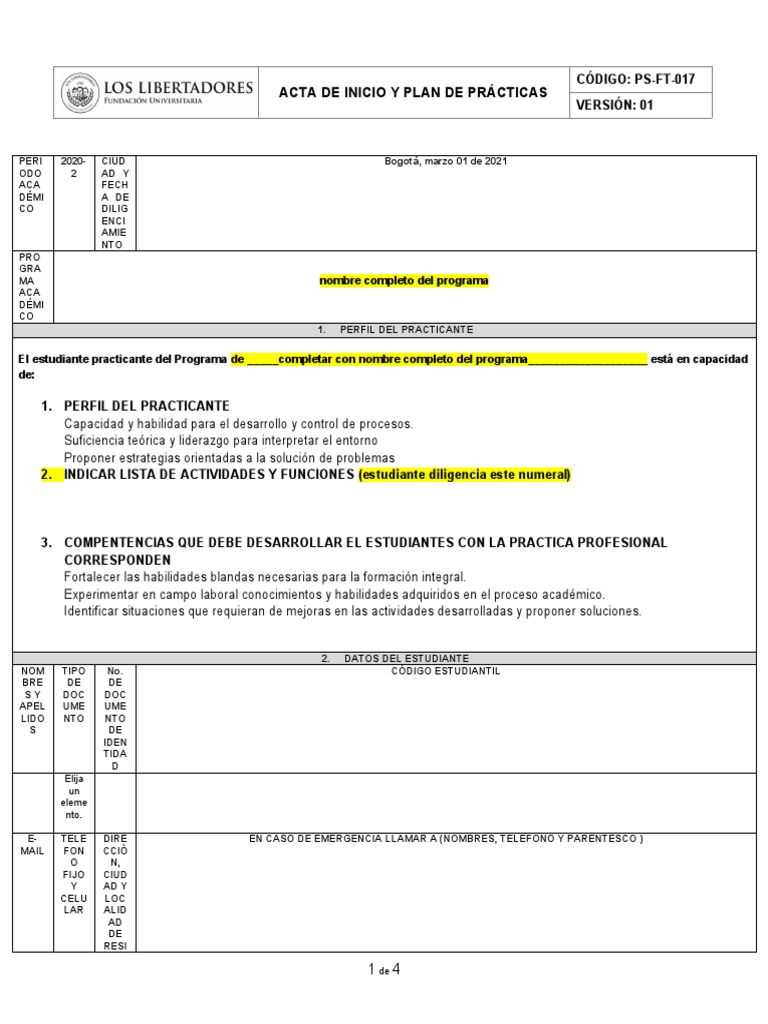 Ps-ft-017 Acta de Inicio y Plan de Prácticas 2020 | PDF | Ciencias del ...