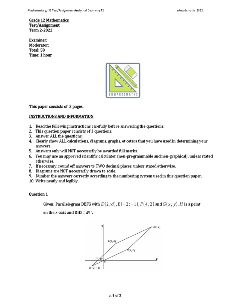 Grade 12 Analytical Geometry Test T2 | PDF | Circle | Analytic Geometry