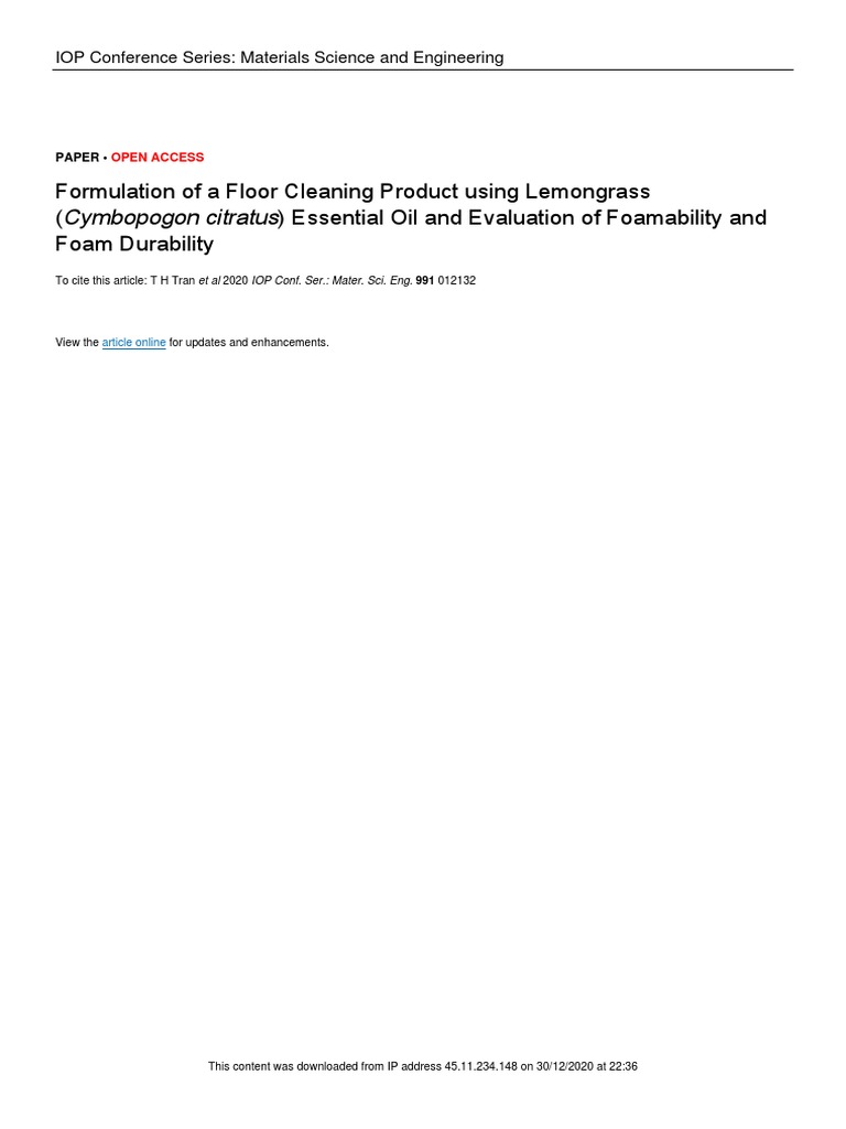 Formulation and Evaluation of a Floor Cleaning Product Using Lemongrass (Cymbopogon citratus
