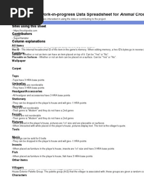 Data Spreadsheet For Animal Crossing - Wild World | PDF