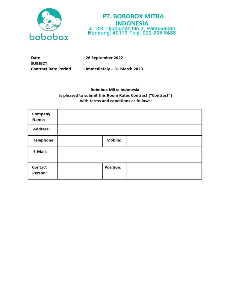 Contract Rate PT Bobobox Indonesia - Corporate Rates 2022-2023 | PDF ...
