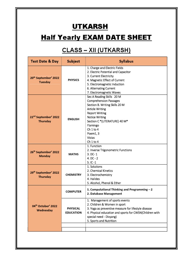 12th Class Half Yearly Exam Schedule 2022 | PDF | Electromagnetism ...