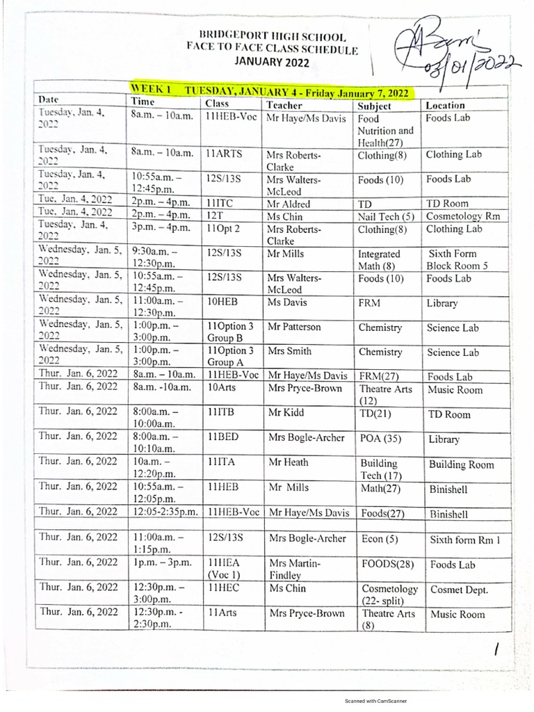 Face To Face Schedule Jan 2022. Grades 1013 PDF