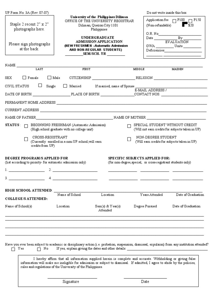 UP Diliman Application Form No. 3A | PDF