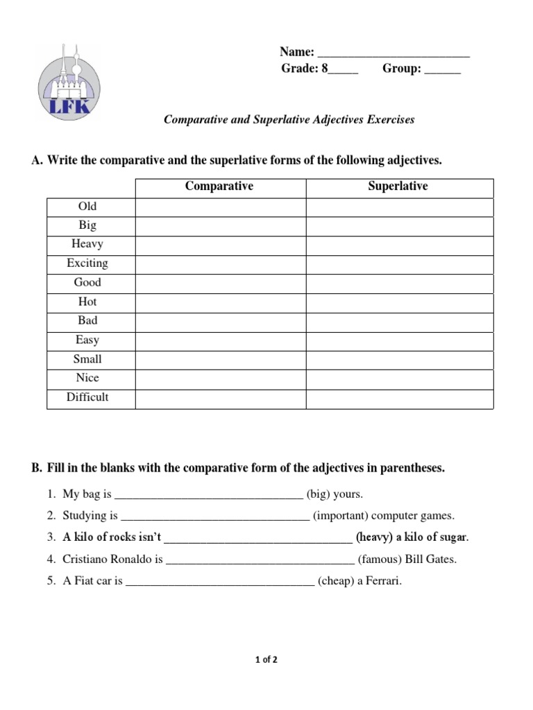COMPARATIVE AND SUPERLATIVE ADJECTIVES AND ADVERBS EXERCISES WITH ANSWERS PDF visual data 8
