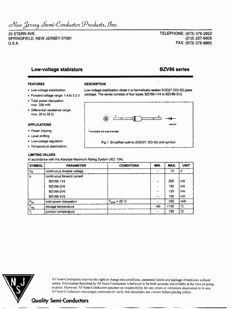 BZV86 Series Low-Voltage Stabistors | PDF | Diode | Semiconductors